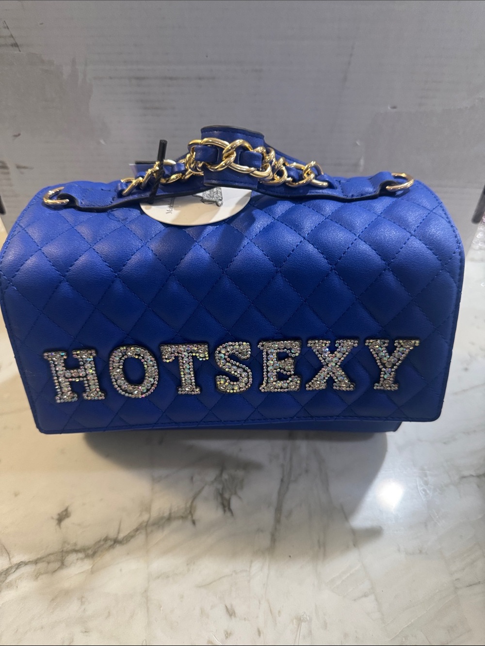 Blue Quilted Shoulder Bag with Crystal 'HOTSEXY' Lettering - Picture 2 of 11